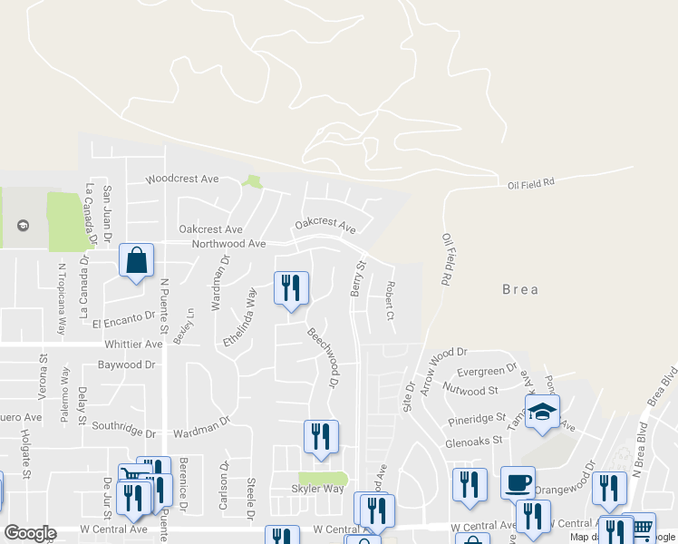 map of restaurants, bars, coffee shops, grocery stores, and more near 1438 Beechwood Drive in Brea