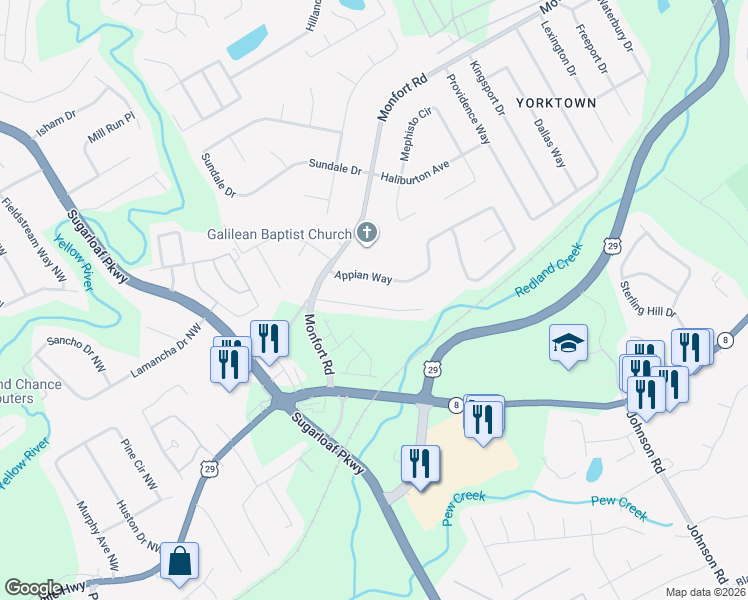 map of restaurants, bars, coffee shops, grocery stores, and more near 1401 Charter Oaks Lane in Lawrenceville