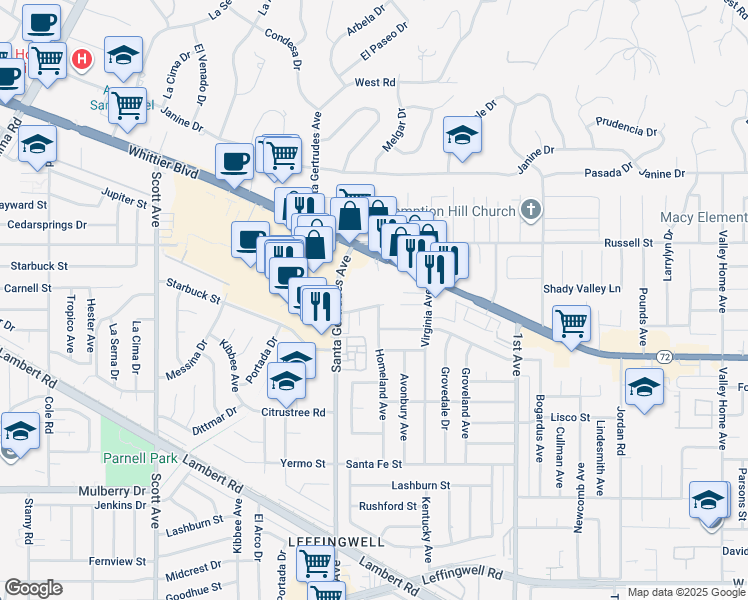 map of restaurants, bars, coffee shops, grocery stores, and more near 15845 La Forge Street in Whittier