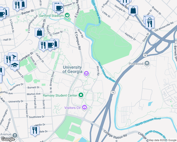 map of restaurants, bars, coffee shops, grocery stores, and more near 230 River Road in Athens
