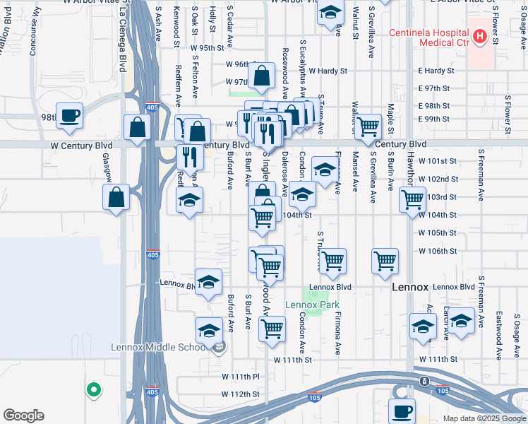 map of restaurants, bars, coffee shops, grocery stores, and more near 4811 West 104th Street in Inglewood