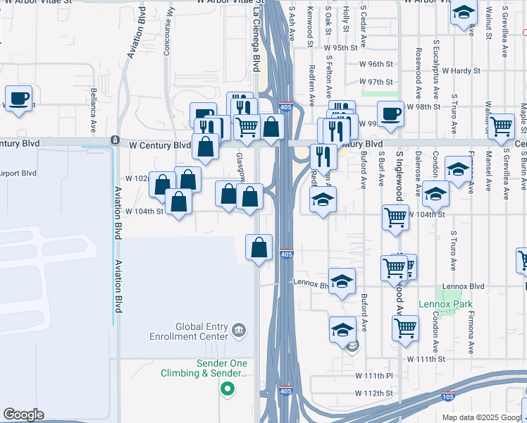 map of restaurants, bars, coffee shops, grocery stores, and more near 5155 West 104th Street in Inglewood