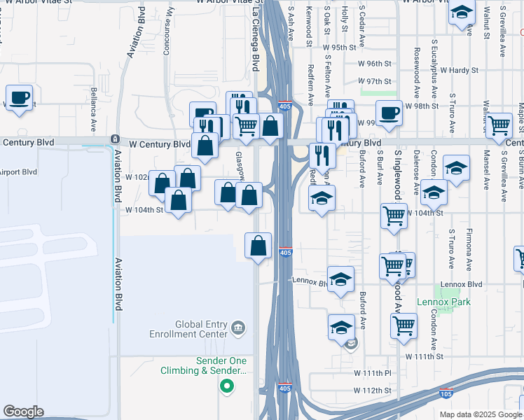 map of restaurants, bars, coffee shops, grocery stores, and more near 5157 West 104th Street in Lennox