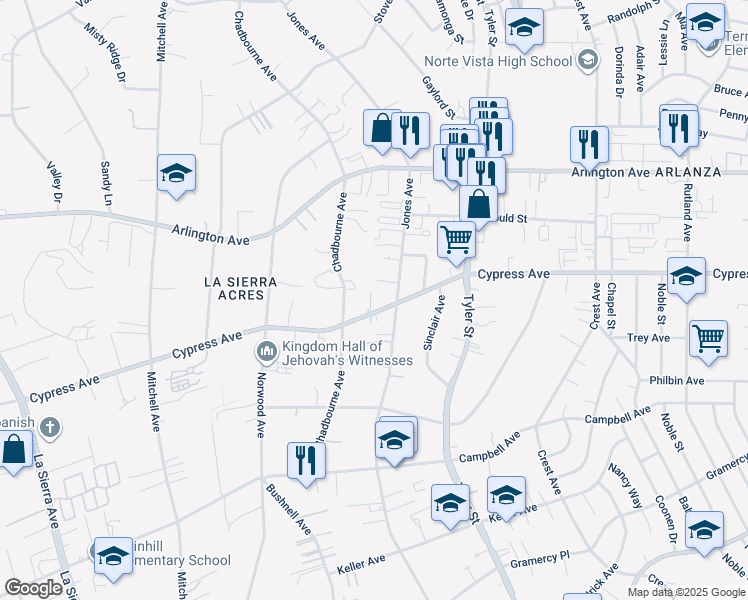 map of restaurants, bars, coffee shops, grocery stores, and more near 10441 Cypress Avenue in Riverside