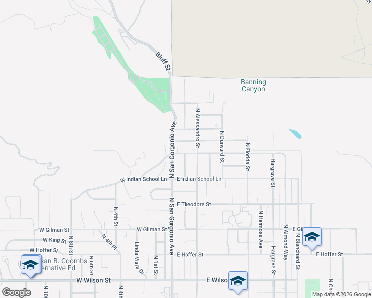 map of restaurants, bars, coffee shops, grocery stores, and more near 123 East Repplier Road in Banning