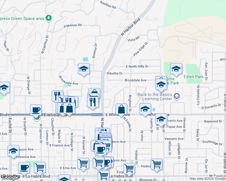 map of restaurants, bars, coffee shops, grocery stores, and more near 1300 Carmela Lane in La Habra