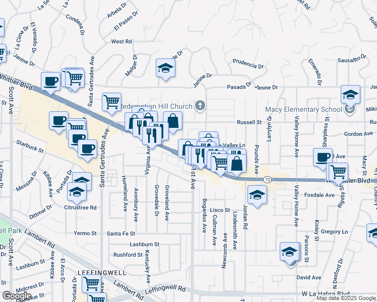 map of restaurants, bars, coffee shops, grocery stores, and more near 16169 Whittier Boulevard in Whittier