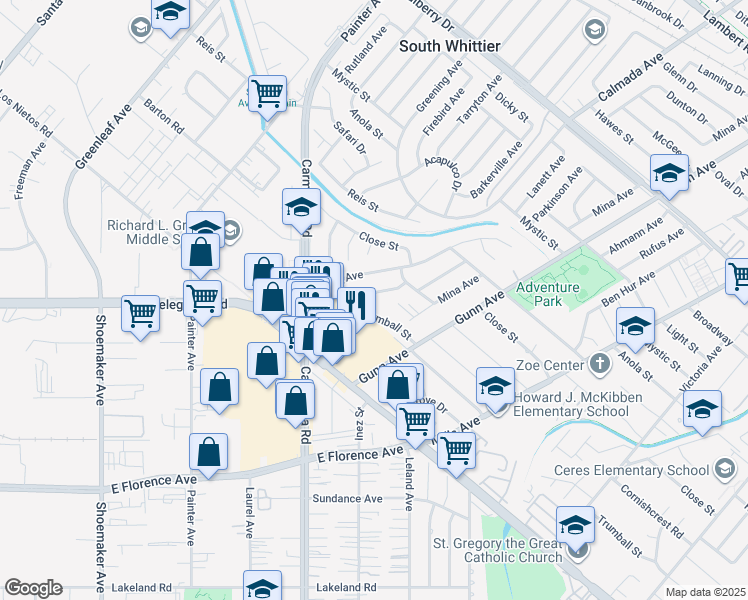 map of restaurants, bars, coffee shops, grocery stores, and more near 10246 Parkinson Avenue in Whittier