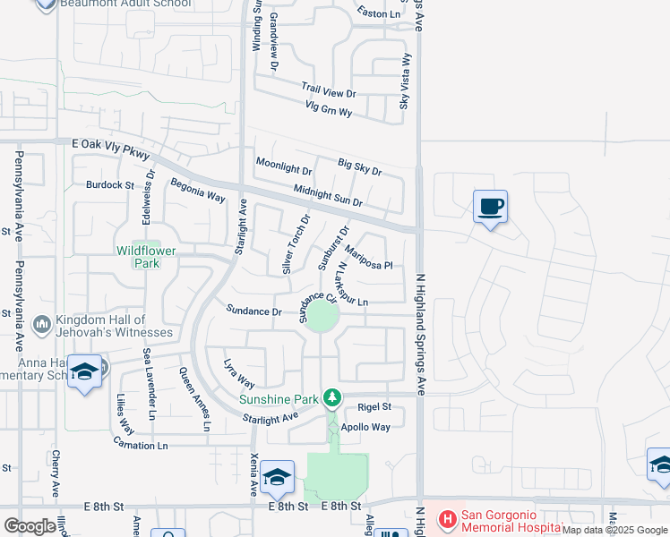 map of restaurants, bars, coffee shops, grocery stores, and more near 1278 North Larkspur Lane in Beaumont