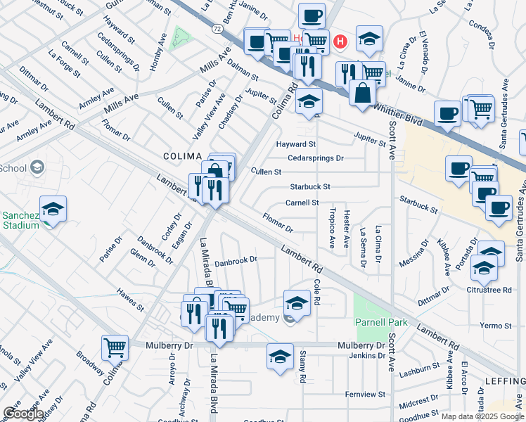map of restaurants, bars, coffee shops, grocery stores, and more near 14958 Flomar Drive in Whittier
