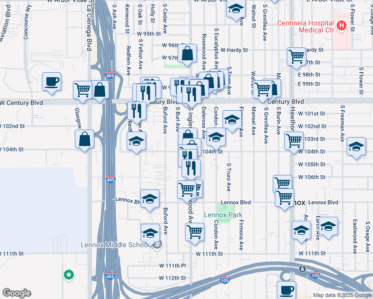 map of restaurants, bars, coffee shops, grocery stores, and more near 10333 South Inglewood Avenue in Inglewood