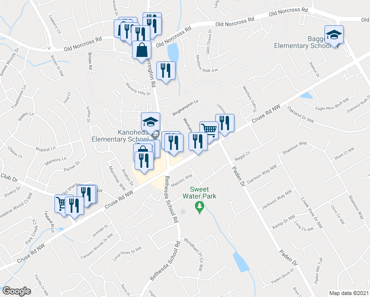 map of restaurants, bars, coffee shops, grocery stores, and more near 3335 Binghampton Ln in Lawrenceville