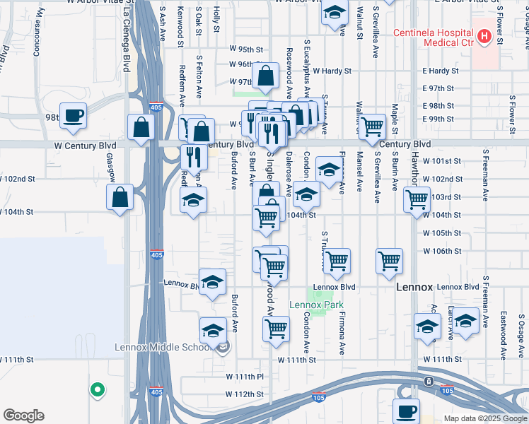 map of restaurants, bars, coffee shops, grocery stores, and more near 10333 South Inglewood Avenue in Inglewood