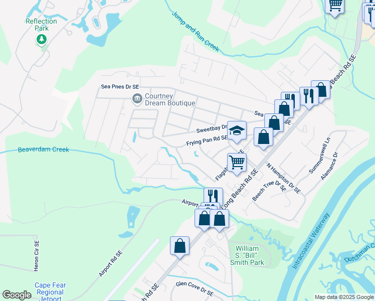 map of restaurants, bars, coffee shops, grocery stores, and more near 4707 Rum Runners Court Southeast in Southport