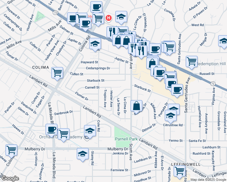 map of restaurants, bars, coffee shops, grocery stores, and more near 10212 Hester Avenue in Whittier