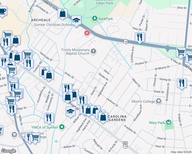 map of restaurants, bars, coffee shops, grocery stores, and more near 721 Miller Road in Sumter
