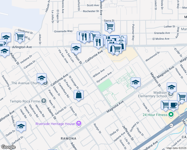 map of restaurants, bars, coffee shops, grocery stores, and more near 7877 Willow Avenue in Riverside