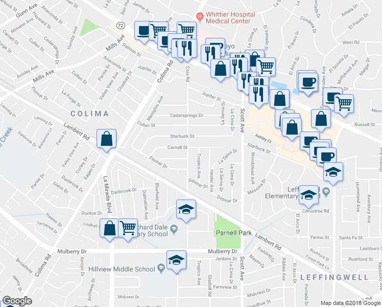 map of restaurants, bars, coffee shops, grocery stores, and more near 10212 Cole Road in Whittier