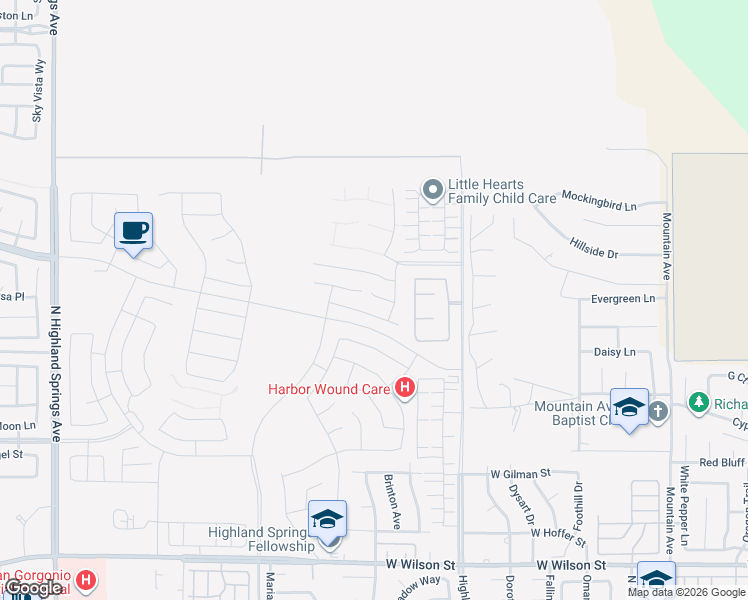 map of restaurants, bars, coffee shops, grocery stores, and more near 5148 Hackberry Place in Banning