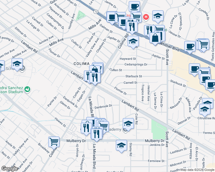 map of restaurants, bars, coffee shops, grocery stores, and more near 14948 Flomar Drive in Whittier