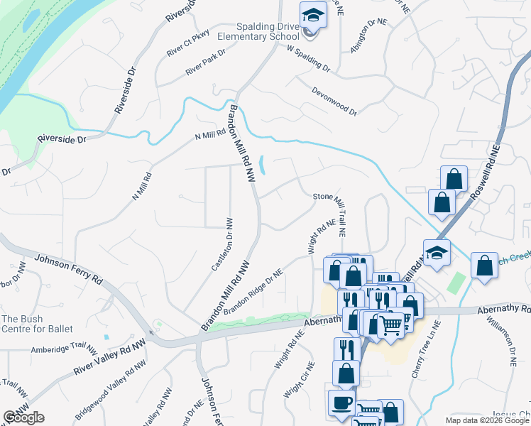 map of restaurants, bars, coffee shops, grocery stores, and more near 6855 Brandon Mill Road Northwest in Atlanta