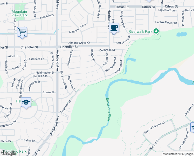 map of restaurants, bars, coffee shops, grocery stores, and more near 13902 Dearborn Street in Corona