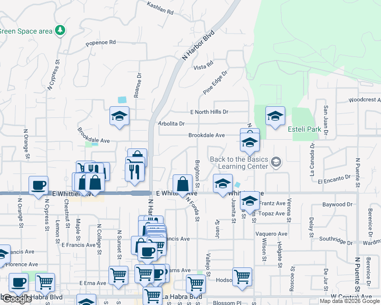 map of restaurants, bars, coffee shops, grocery stores, and more near 1060 North Fonda Street in La Habra