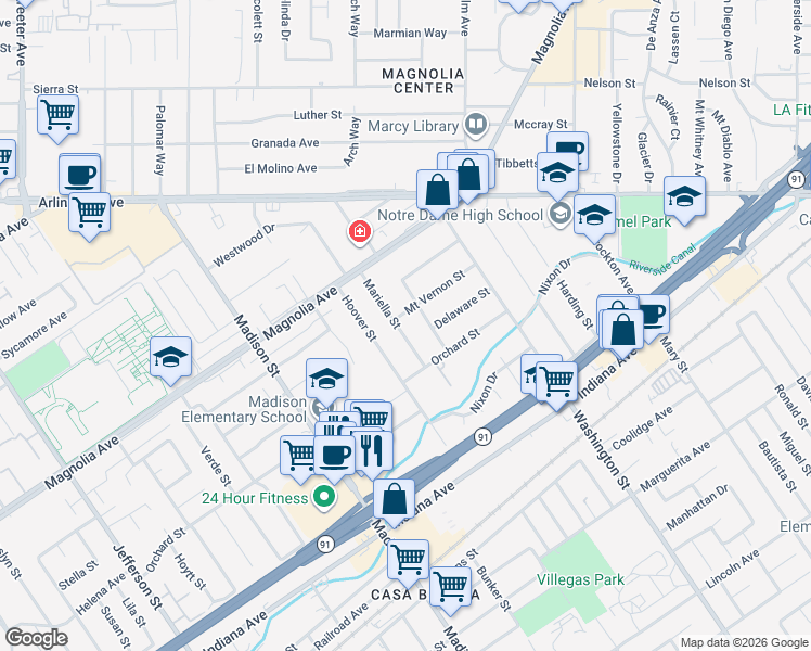 map of restaurants, bars, coffee shops, grocery stores, and more near 3687 Mariella Street in Riverside