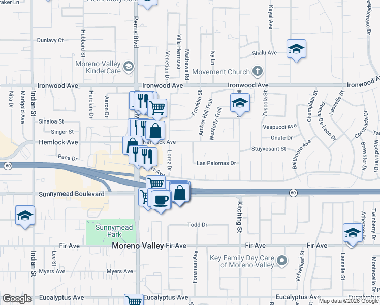 map of restaurants, bars, coffee shops, grocery stores, and more near 12299 Vista Hermosa Drive in Moreno Valley