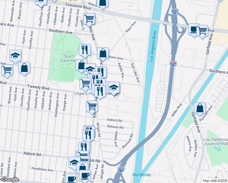 map of restaurants, bars, coffee shops, grocery stores, and more near 9833 Adella Avenue in South Gate