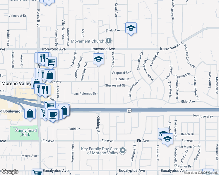 map of restaurants, bars, coffee shops, grocery stores, and more near 25581 Stuyvesant Street in Moreno Valley