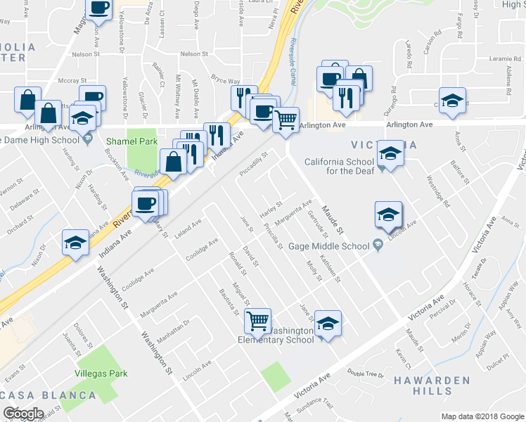 map of restaurants, bars, coffee shops, grocery stores, and more near 6641 Harley Street in Riverside