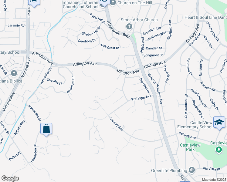map of restaurants, bars, coffee shops, grocery stores, and more near 2223 El Capitan Drive in Riverside