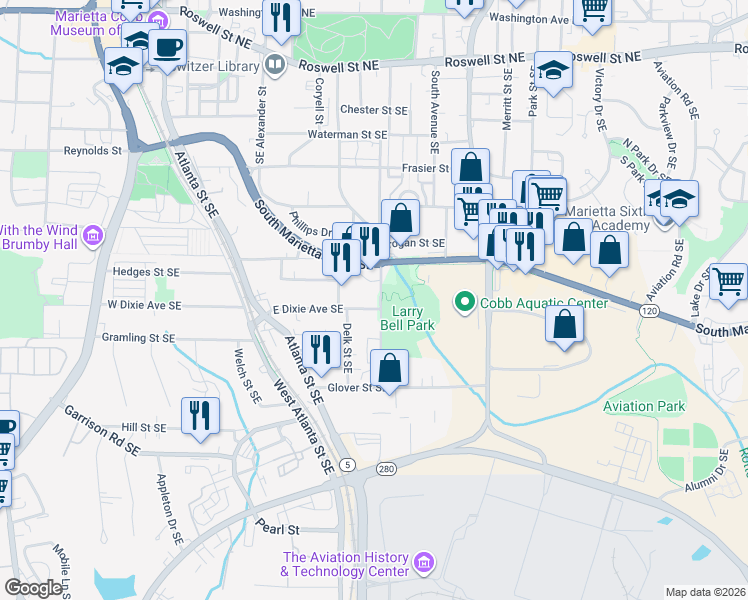map of restaurants, bars, coffee shops, grocery stores, and more near 439 East Dixie Avenue Southeast in Marietta