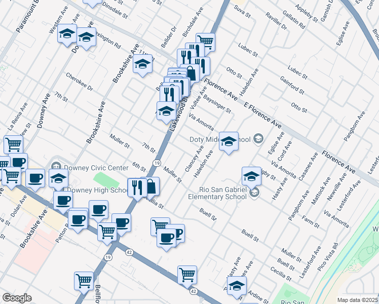 map of restaurants, bars, coffee shops, grocery stores, and more near 9063 Gotham Street in Downey