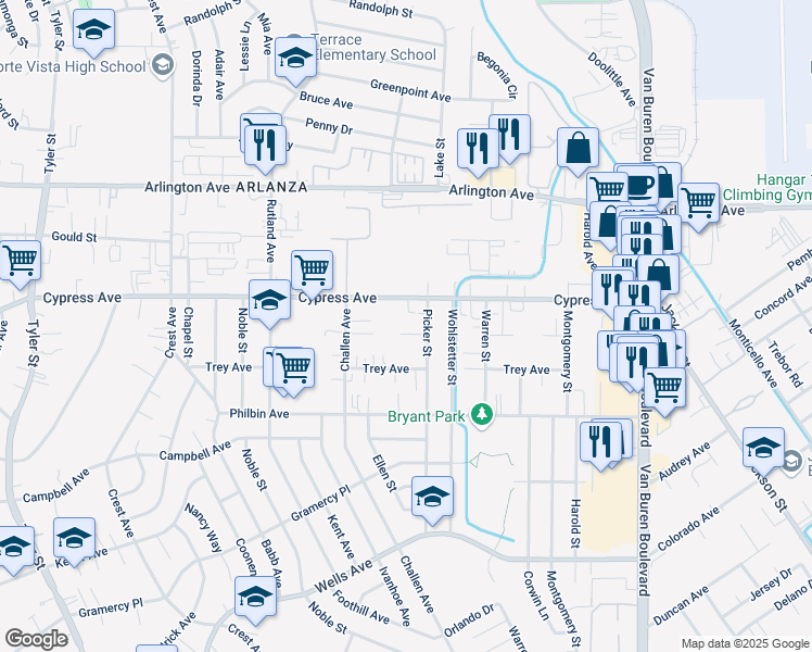map of restaurants, bars, coffee shops, grocery stores, and more near 8407 Janet Avenue in Riverside