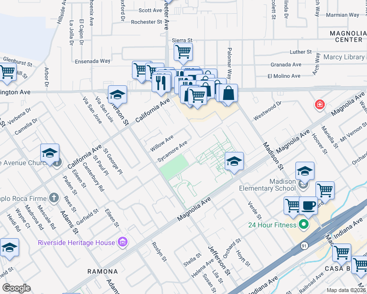 map of restaurants, bars, coffee shops, grocery stores, and more near 7770 Sycamore Avenue in Riverside