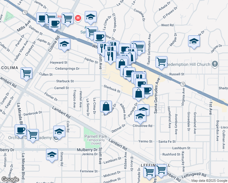 map of restaurants, bars, coffee shops, grocery stores, and more near 15526 Starbuck Street in Whittier