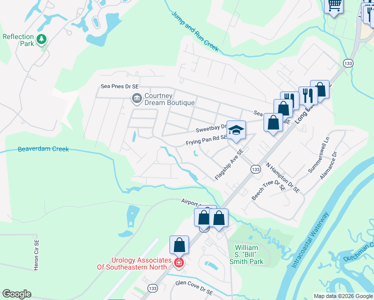 map of restaurants, bars, coffee shops, grocery stores, and more near 4707 Rum Runners Court Southeast in Southport