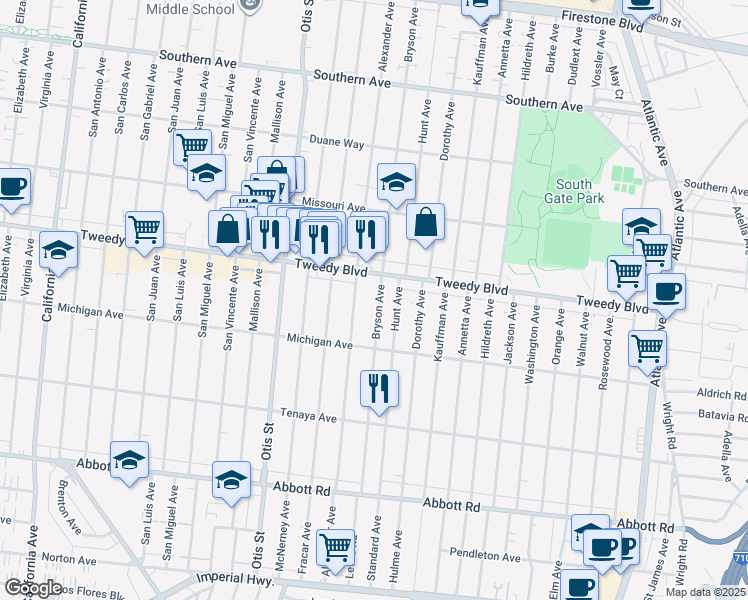 map of restaurants, bars, coffee shops, grocery stores, and more near 10007 Bryson Avenue in South Gate