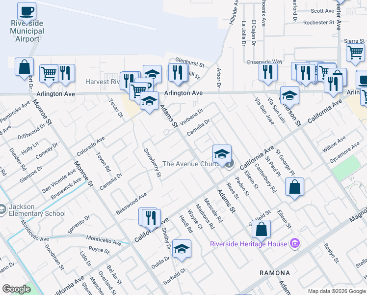 map of restaurants, bars, coffee shops, grocery stores, and more near 8311 Raintree Avenue in Riverside