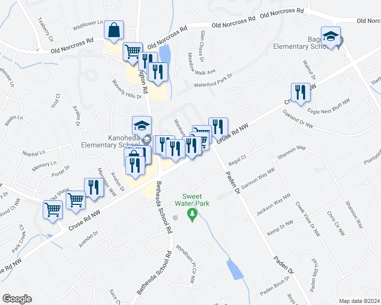 map of restaurants, bars, coffee shops, grocery stores, and more near 3270 Binghampton Lane in Lawrenceville