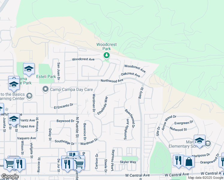 map of restaurants, bars, coffee shops, grocery stores, and more near 1425 Fawnridge Drive in Brea