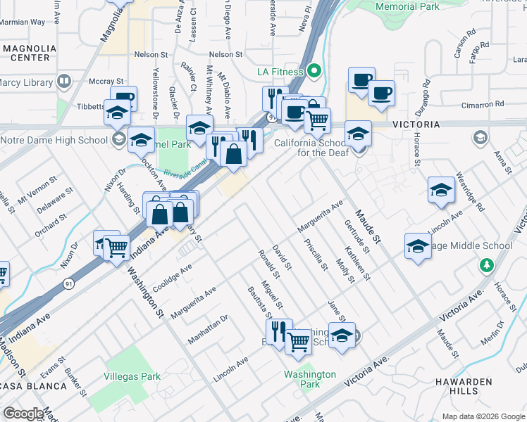 map of restaurants, bars, coffee shops, grocery stores, and more near 3210 Jane Street in Riverside
