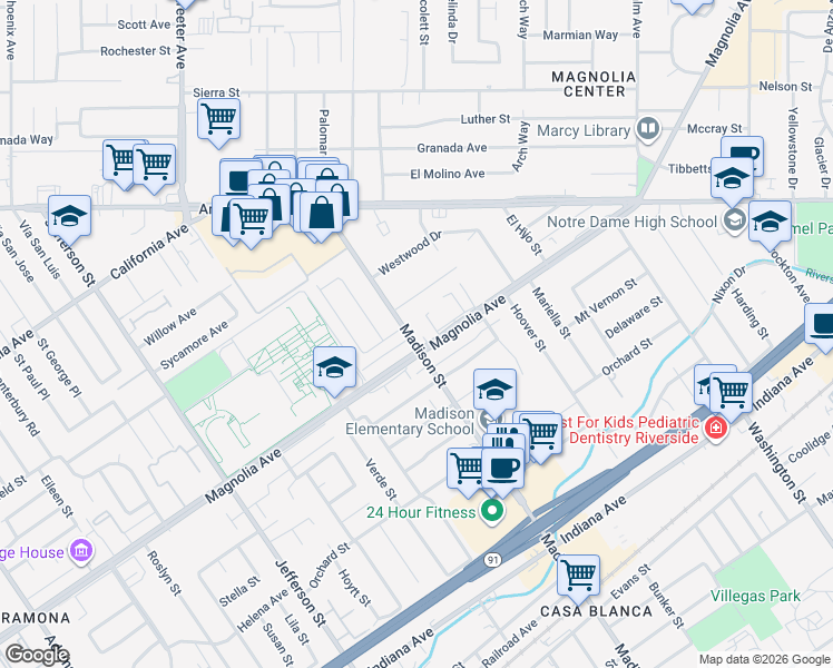 map of restaurants, bars, coffee shops, grocery stores, and more near 3807 Madison Street in Riverside