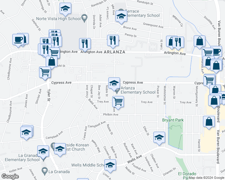 map of restaurants, bars, coffee shops, grocery stores, and more near 5930 Rutland Avenue in Riverside