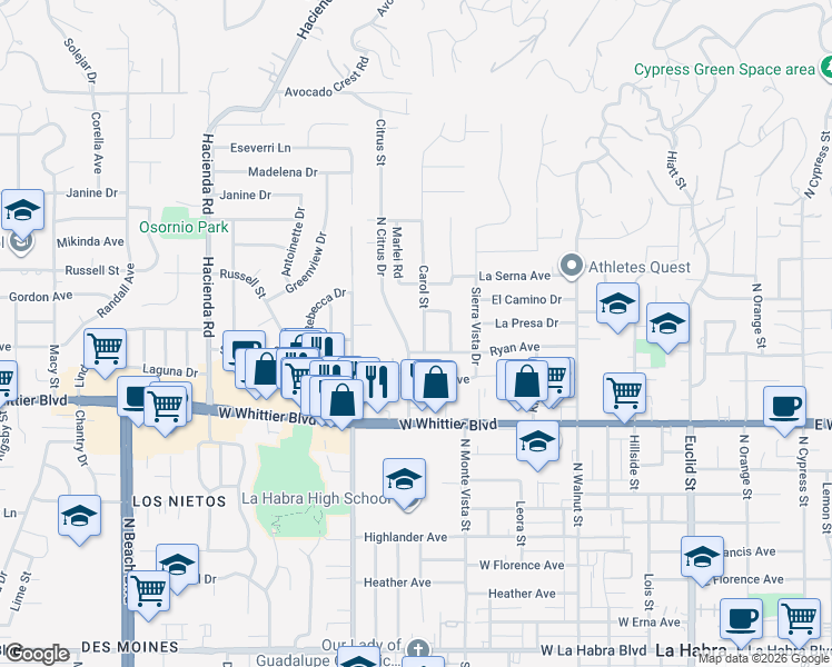 map of restaurants, bars, coffee shops, grocery stores, and more near 1111 Carol Street in La Habra