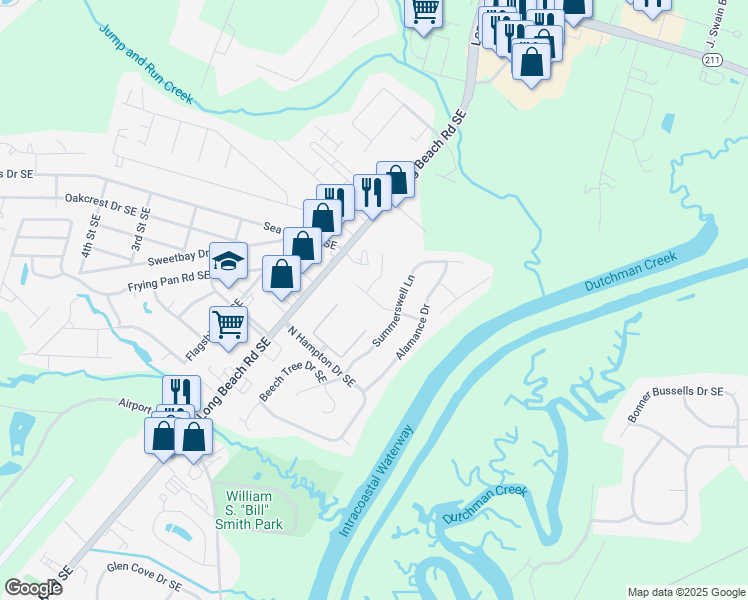 map of restaurants, bars, coffee shops, grocery stores, and more near Dreamweaver Court in Southport