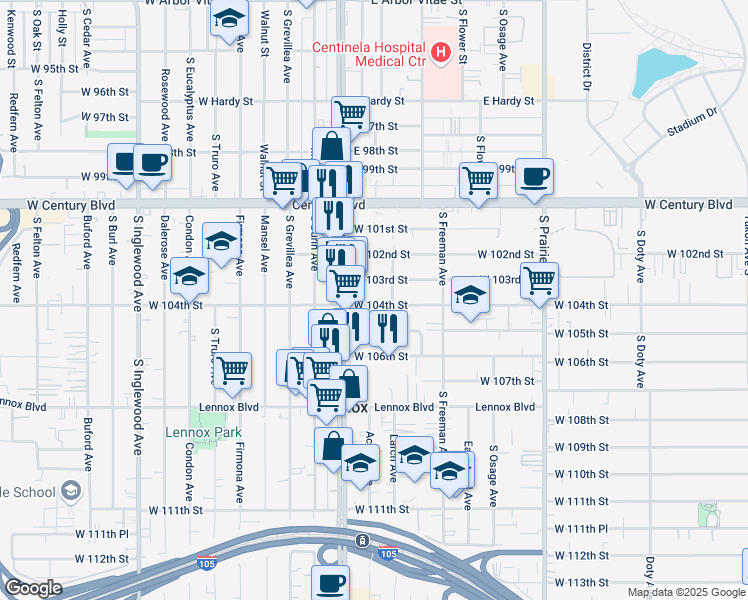 map of restaurants, bars, coffee shops, grocery stores, and more near 4319 West 104th Street in Inglewood