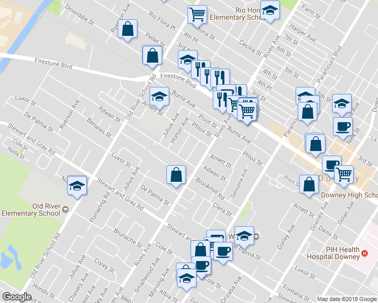 map of restaurants, bars, coffee shops, grocery stores, and more near 11539 Horley Avenue in Downey